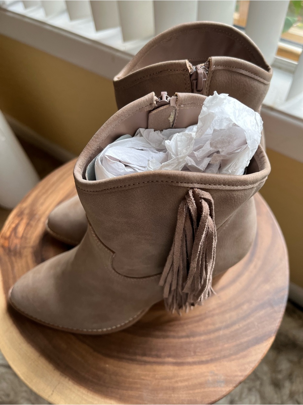 Hem Beige Suede Tassel Ankle Boots